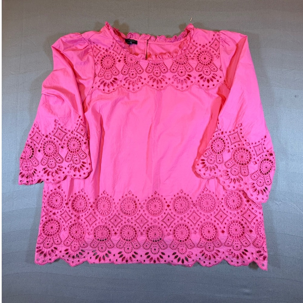 Talbots Plus Pink Cotton Eyelet Embroidered Ruffle Neck Blouse 2X 2449